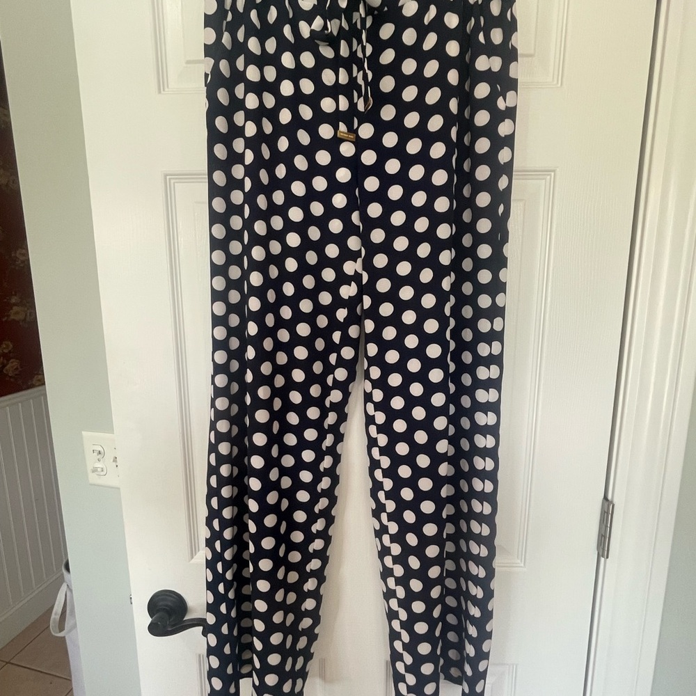 Michael Kors Navy and White Polka Dot Wide-Leg Pants
